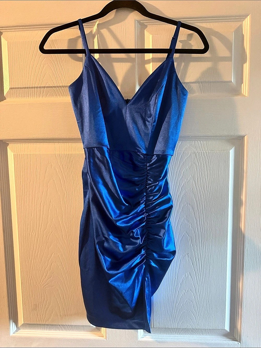 Emerald Sundae Juniors Satin Ruched Mini Dress Blue Small